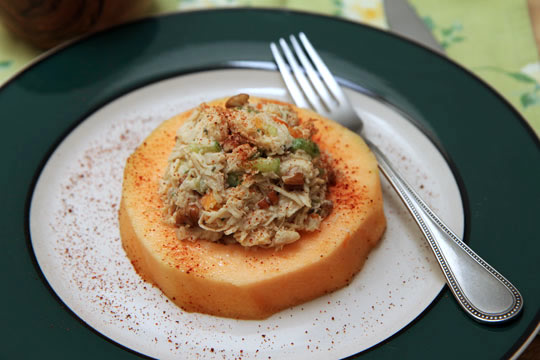 Chicken Cantaloupe Salad - An easy chicken salad served in a chilled cantaloupe ring @mjskitchen | mjskitchen.com