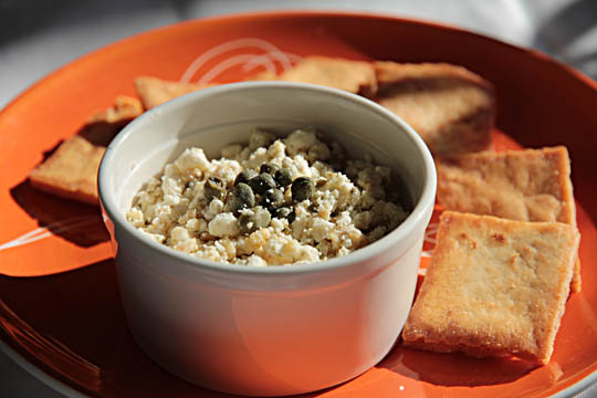 An easy appetizer of roasted garlic, feta and capers| mjskitchen.com