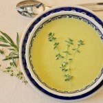 A pureed soup with asparagus and garlic. Serve hot or cold