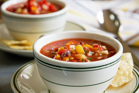 A somewhat traditional gazpacho but with diced vegetables