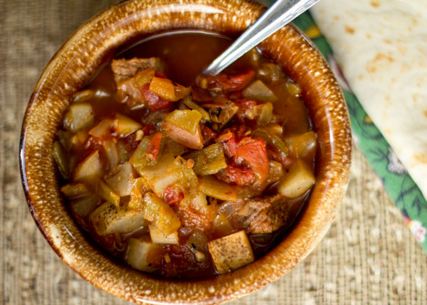 A bowl of green chile stew with sirloin