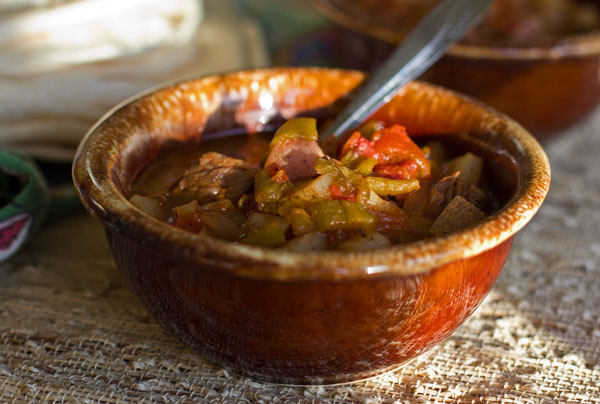 A bowl of green chile stew with sirloin