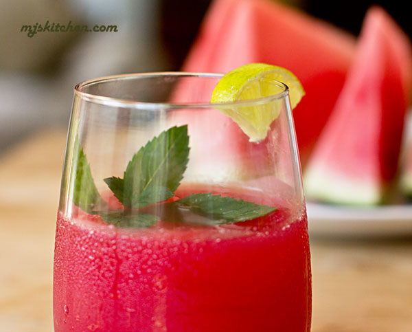 A refreshing drink made with watermelon juice, lime juice and mint