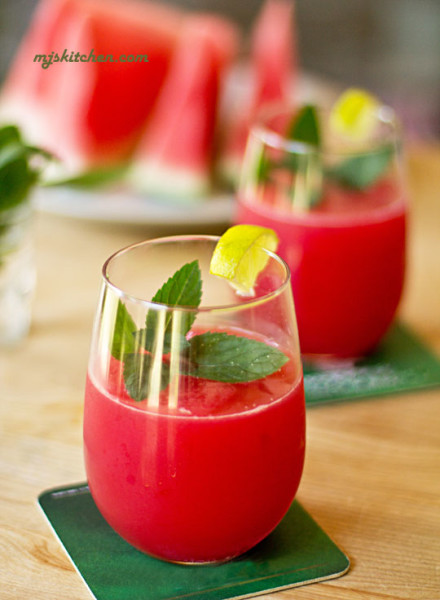 A watermelon cocktail made with mint, lime and vodka
