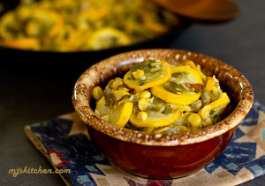 A bowl of calabacitas (squash, green chile, and corn)