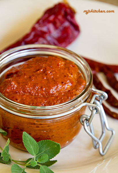 A very spicy chile paste made with chile de arbol and New Mexico red chiles