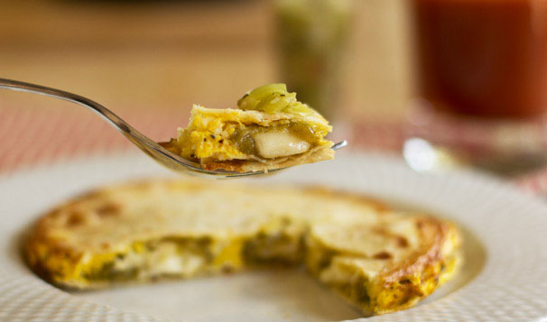 Chile relleno quesadilla - scrambled egg and chile relleno between corn tortillas