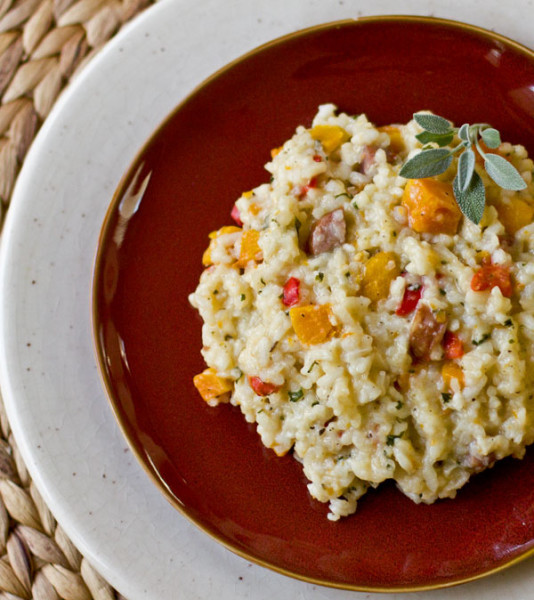 Risotto with roasted butternut squash and andouille sausage