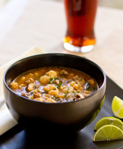 A hearty soup with chorizo, hominy (posole), mushrooms and Swiss chard. mjskitchen.com