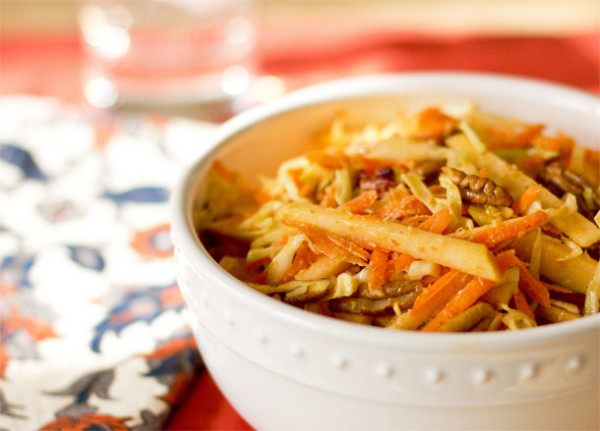 Slaw with apples, cabbage, carrots, toasted pecans seasoned with masala spice. mjskitchen.com