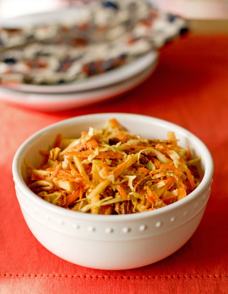 Slaw with apples, cabbage, carrots, toasted pecans seasoned with masala curry spice. mjskitchen.com