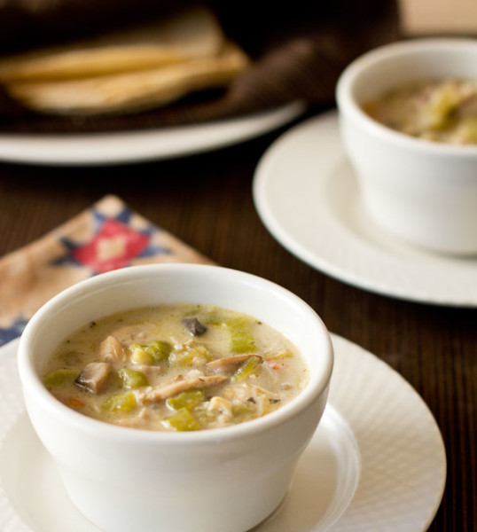 Green chile chicken soup with mushrooms and corn mjskitchen.com