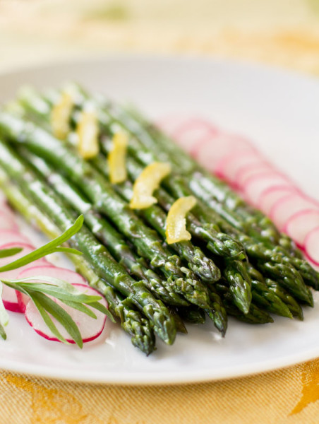 Lemon Garlic Asparagus Salad is a salad of steamed asparagus and radish topped with a Preserved lemon Garlic vinaigrette #asparagus #preservedlemons @MJsKitchen