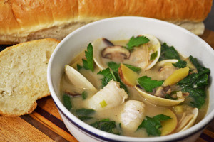 A light and delightful bisque of white fish, clams and fenugreek mjskitchen.com @MJsKitchen