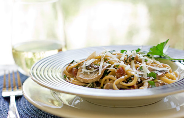 An easy pasta dish with leftover ham, mushroom, greens and spices. mjskitchen.com @MJsKitchen