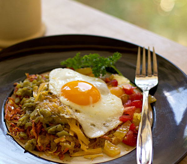 Western style sweet potato hash browns with green chile