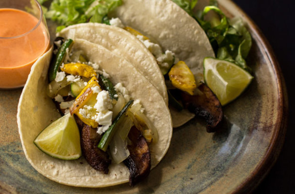 Vegetarian tacos: Grilled portabello tacos with summer squash and a red chile-yogurt sauce. mjskitchen.com
