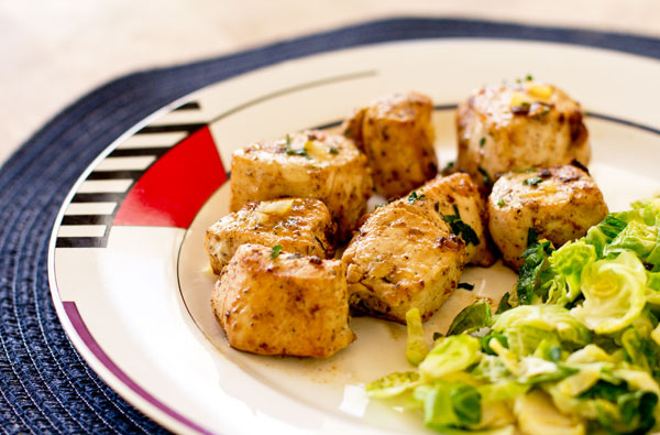 Bites of chicken marinated with preserved lemons, pepper and tarragon