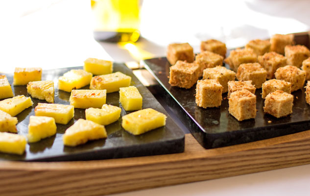 Soapstone serving platter with coconut crusted tofu and pineapple | mjskitchen.com