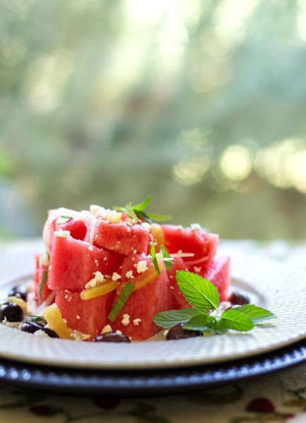 A cool and refreshing watermelon salad with preserved lemon, mint and olives @mjskitchen #watermelon #preserved #lemon