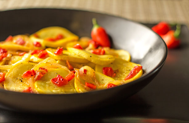 A simple side dish of sauteed summer squash with roasted red peppers | mjskitchen.com