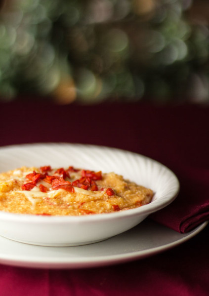 Grits with roasted red chile and cheese. #grits #redchile @mjskitchen