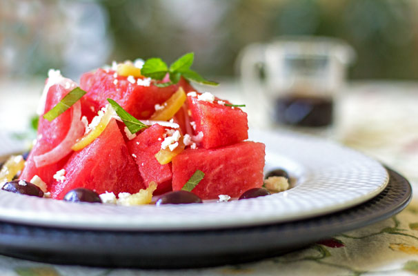 A cool and refreshing watermelon salad with preserved lemon, mint and olives @mjskitchen #watermelon #preserved #lemon