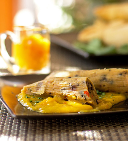 Vegan Black Bean Tamales with a chipotle masa and spicy mango sauce. #tamales #vegan @mjskitchen| mjskitchen.com