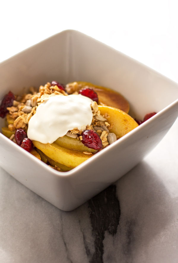 A quick & easy breakfast of spiced apples, granola, and creme fraiche #breakfast #apples @mjskitchen