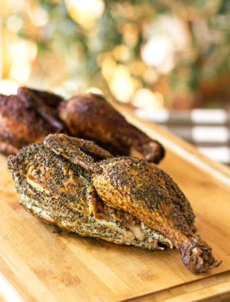 Smoked chicken with a spicy chile rub and a delectable herb rub #smoked #chicken @mjskitchen