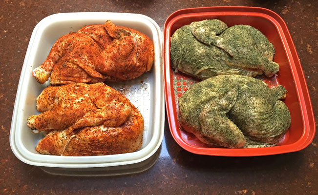Chickens seasoned with a spicy chile mix and a delectable herb blend, ready to be smoked. | mjskitchen.com