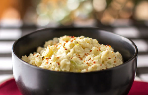Smashed potato salad made with creamy mashed potatoes and smashed, along with a few savory, sweet and spicy ingredients. | mjskitchen.com