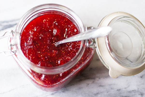 Strawberry Fig Preserves made with figs, sugar and strawberry jello. So easy and so good! mjskitchen.com