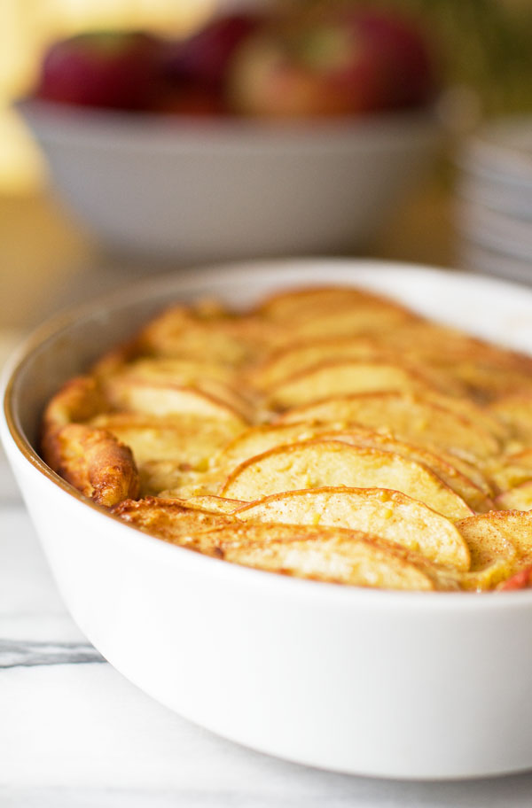 A lighter version of an Apple Clafoutis-a light custard dessert/breakfast with baked apples #clafoutis #apple #custard @mjskitchen