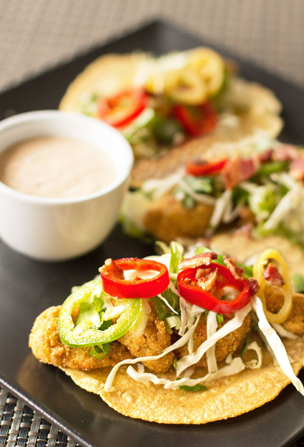 Fried green tomato tacos with cabbage slaw, pickled peppers, and remoulade sauce #tacos #vegetarian #greentomatoes @mjskitchen