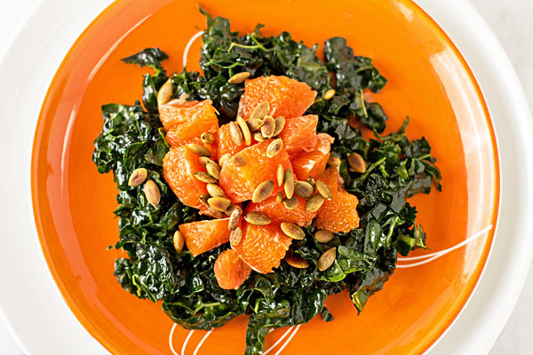 Easy, breezy salad with kale, Cara Cara orange, and pepitas (pumpkin seeds) with a light dressing | mjskitchen.com