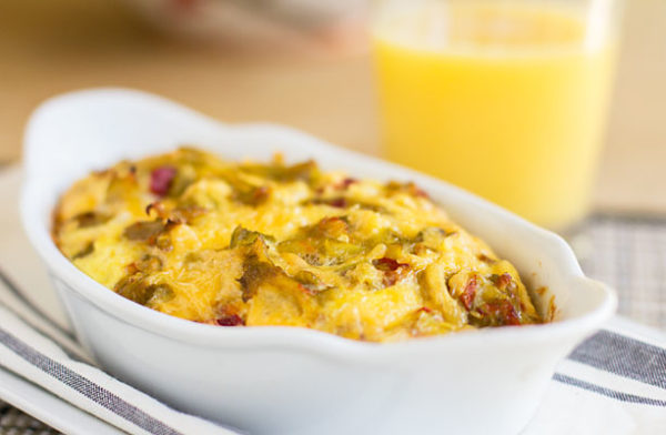 A quick and easy Green Chile Cheese Breakfast Bake with the toast baked in. A great use for stale bread or cornbread. | mjskitchen.com