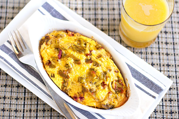 A quick and easy Green Chile Cheese Breakfast Bake with the toast baked in. A great use for stale bread or cornbread. #greenchile | mjskitchen.com