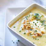 Stay cool with this cold Three Onion Green Chile Soup topped with toasted pinon, herbs and sour cream. #greenchile | mjskitchen.com