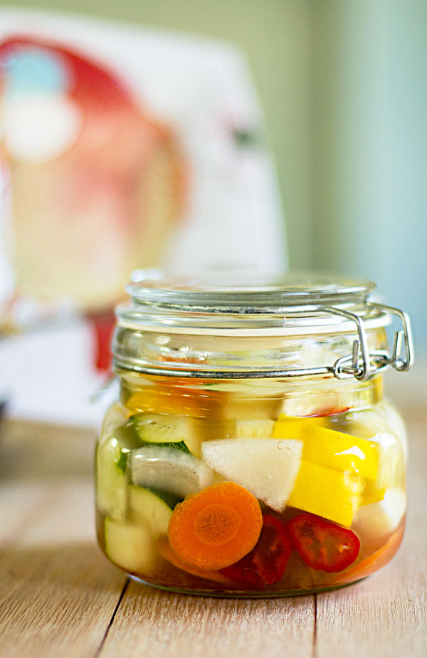 An assortment of vegetables pickled in olive brine #pickled #vegetables @mjskitchen