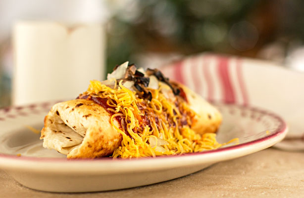 Breakfast Chimichanga filled with either egg and chorizo or egg and black beans, then smothered in NM red chile sauce | mjskitchen.com