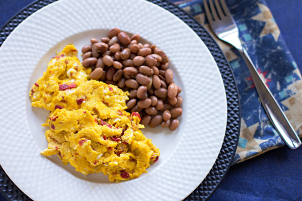 Our favorite Scrambled Eggs - Farm fresh eggs scrambled with roasted red chile and cotija cheese #chile #cotija #eggs #breakfast @mjskitchen