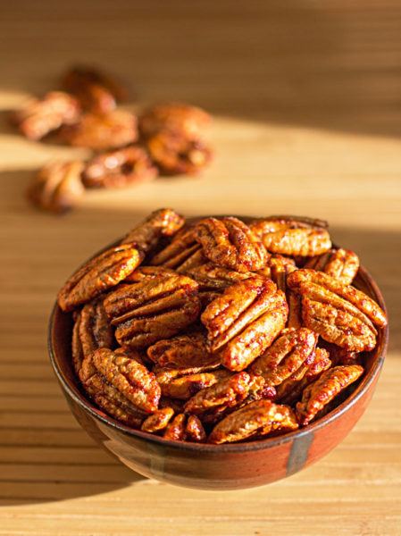 Red Chile Pecans roasted with a slurry of maple syrup and New Mexico red chile powder #redchile #New Mexico #pecans @mjskitchen