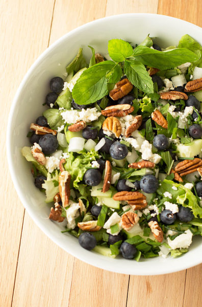 Blueberry Pecan Salad with cucumber, feta and mint and a light vinaigrette #salad #blueberries @mjskitchen