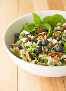 Blueberry Pecan Salad with cucumber, feta and mint and a light vinaigrette #salad #blueberries @mjskitchen