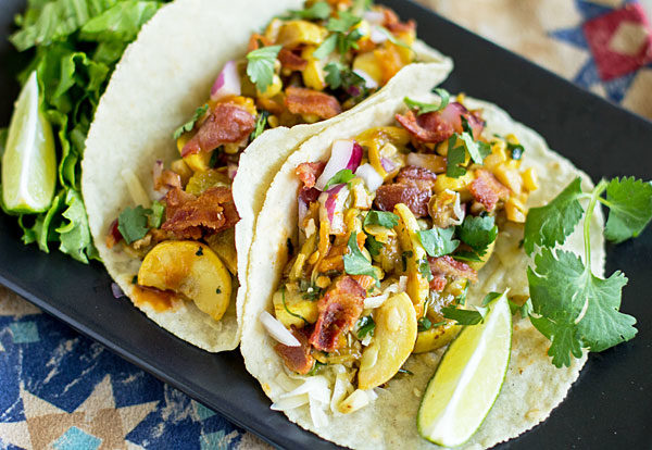 Calabacitas Tacos - Soft tacos with squash, corn, green chile and a choice of toppings. #calabacitas #tacos @mjskitchen