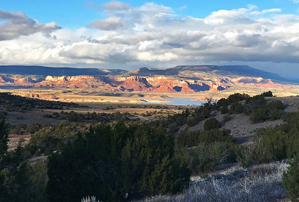 View overlooking Abiquiu Reservoir in northern New Mexico and the red cliffs @mjskitchen