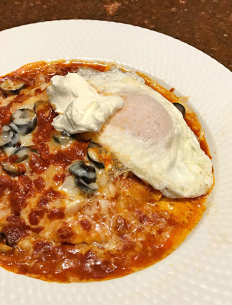 New Mexico Red Chile Enchiladas - cheese, onion, olives and lots of red chile, topped with an egg #redchile #enchiladas @mjskitchen