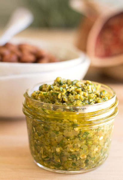 Green Chile Pesto - roasted green chile, cilantro, and just a few more ingredients yield a delightful condiment for many, many dishes. #greenchile #hatchchile #pesto @mjskitchen