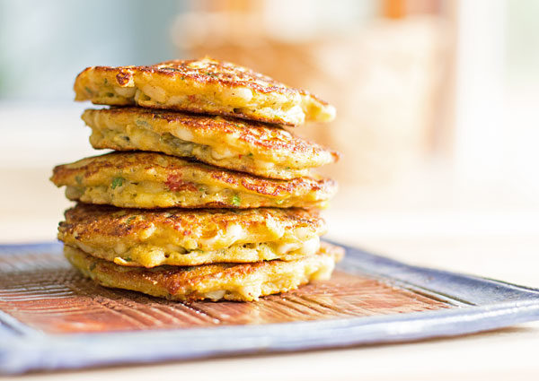 Corn cakes with roasted green and red chile and corn. #corn #greenchile #Hatchchile @mjskitchen